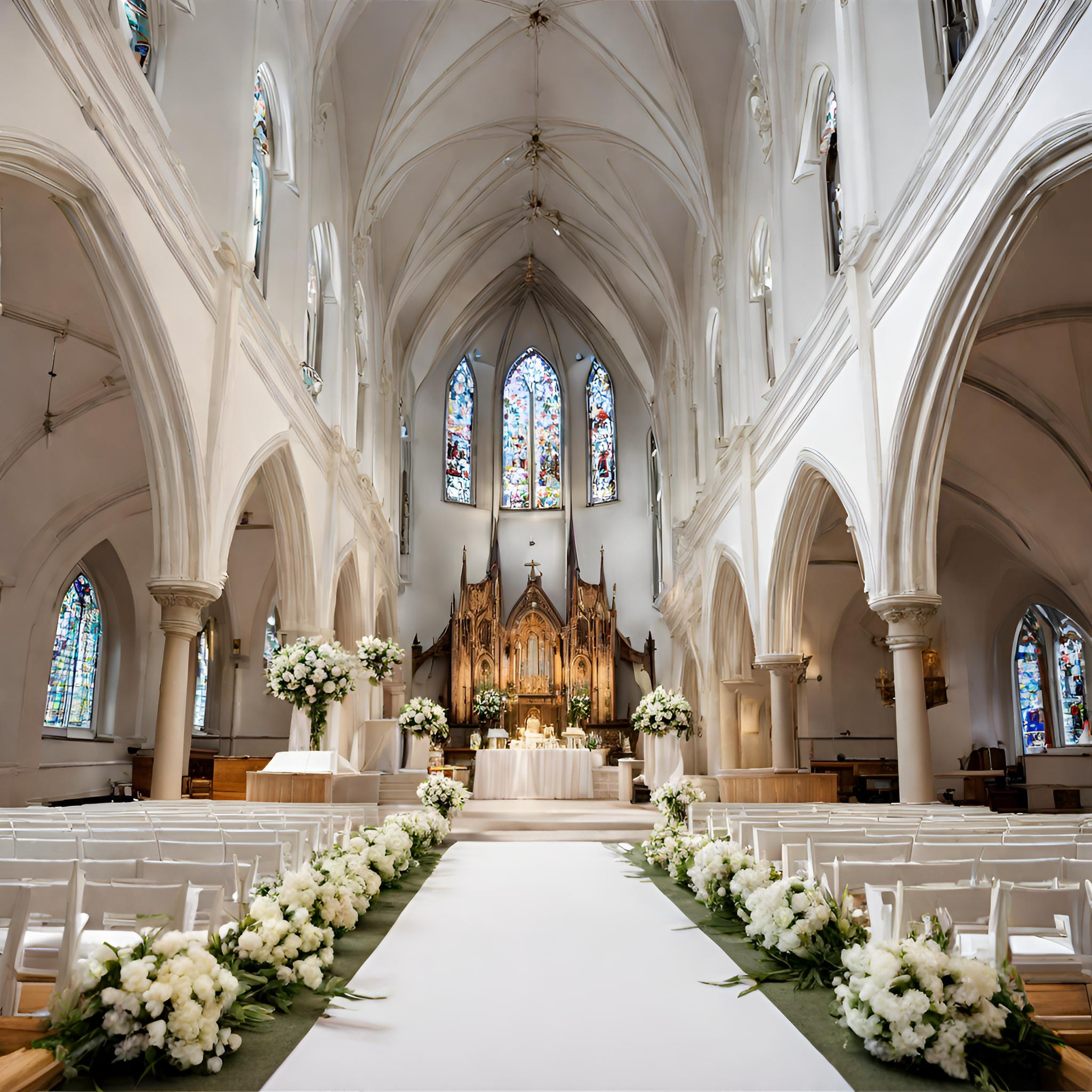 Eine weiße, dekorierte Kirche von innen